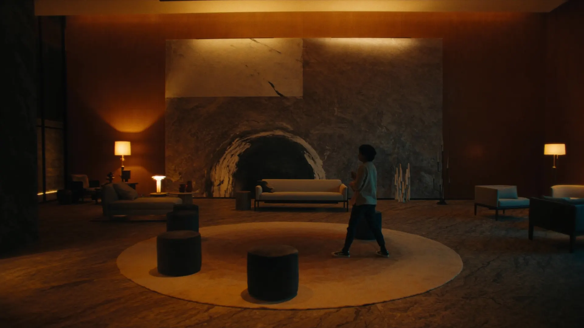 Boutique hotel lobby with a statement artwork